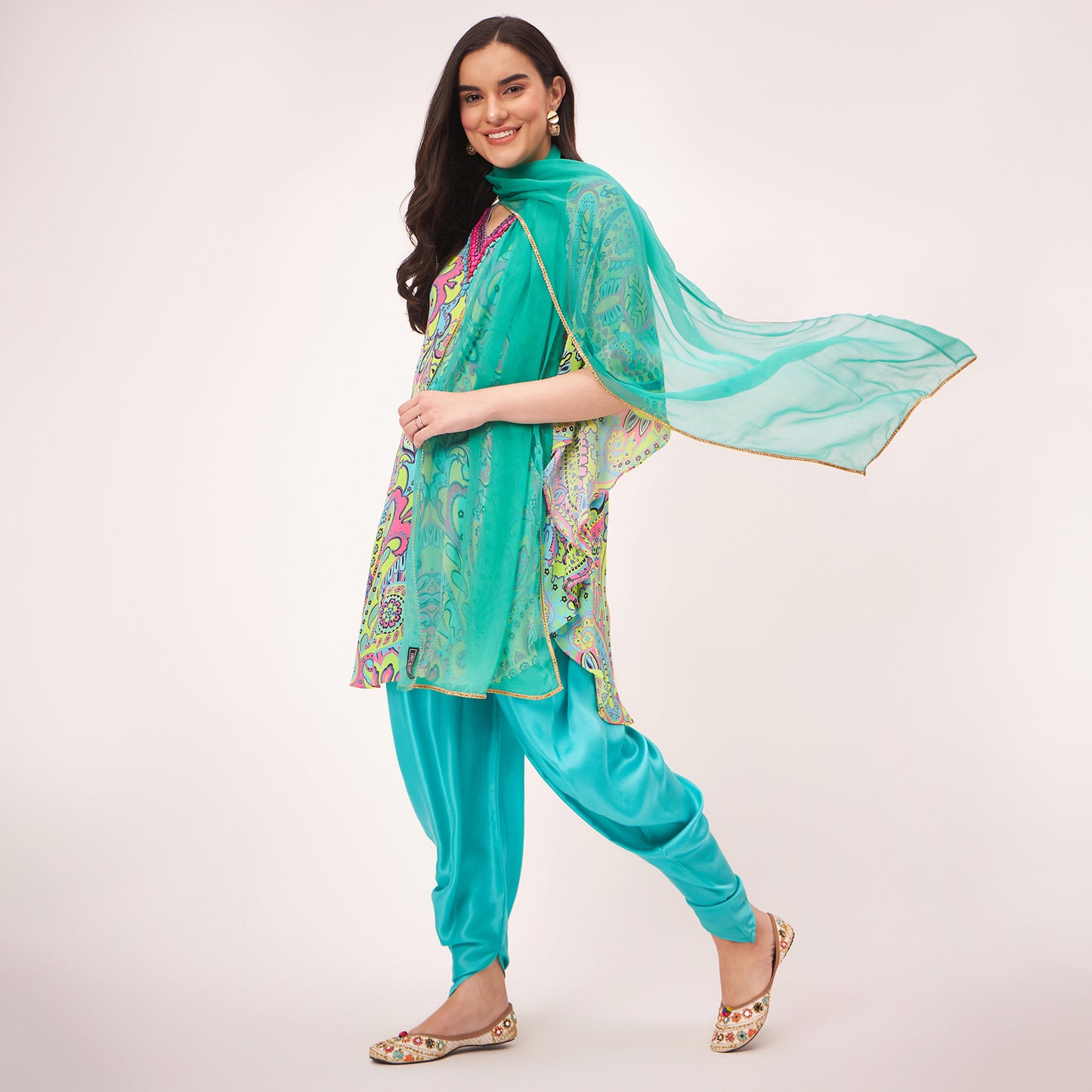 Lime Green and Pink Paisley Tunic with Tulip Pants and Dupatta Set
