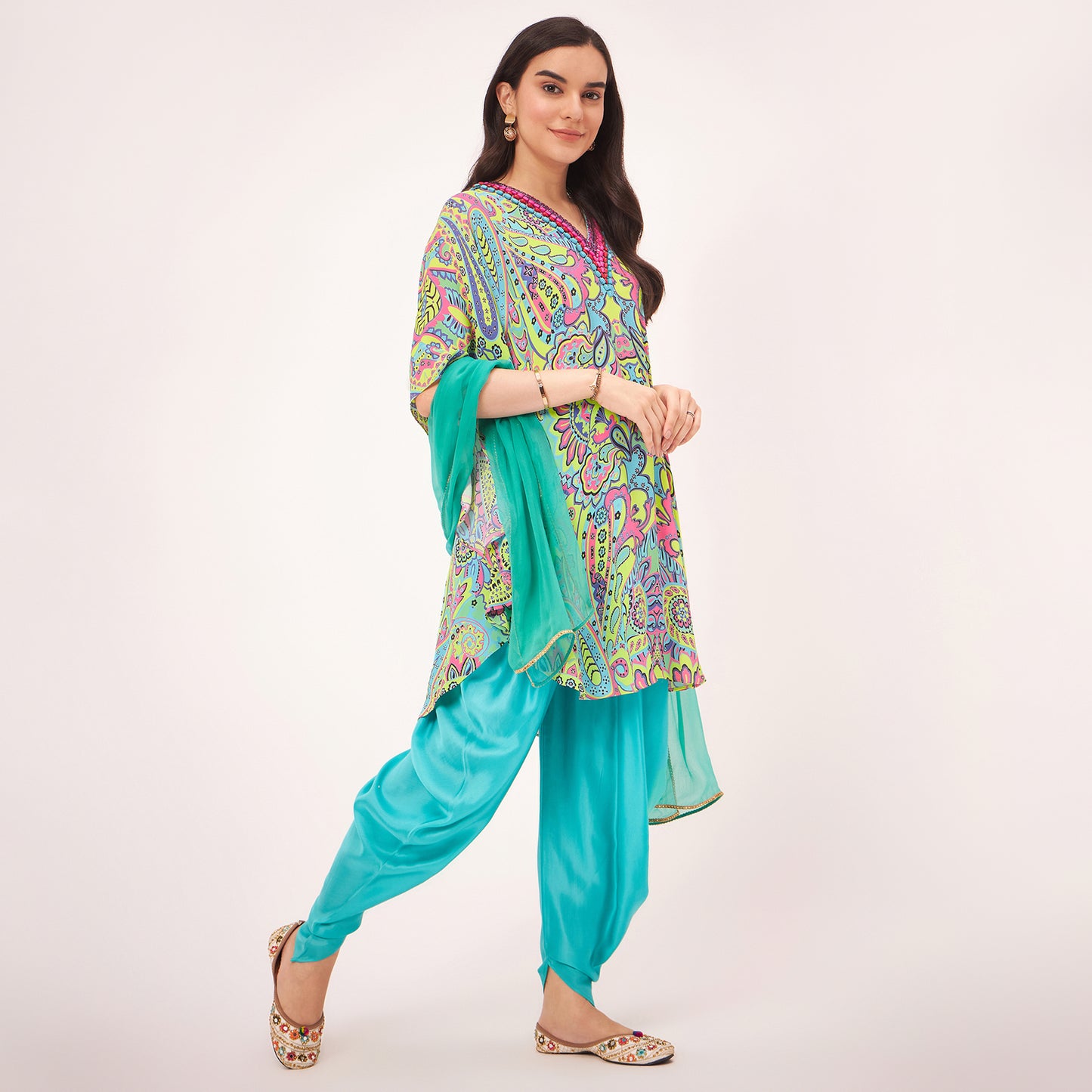 Lime Green and Pink Paisley Tunic with Tulip Pants and Dupatta Set