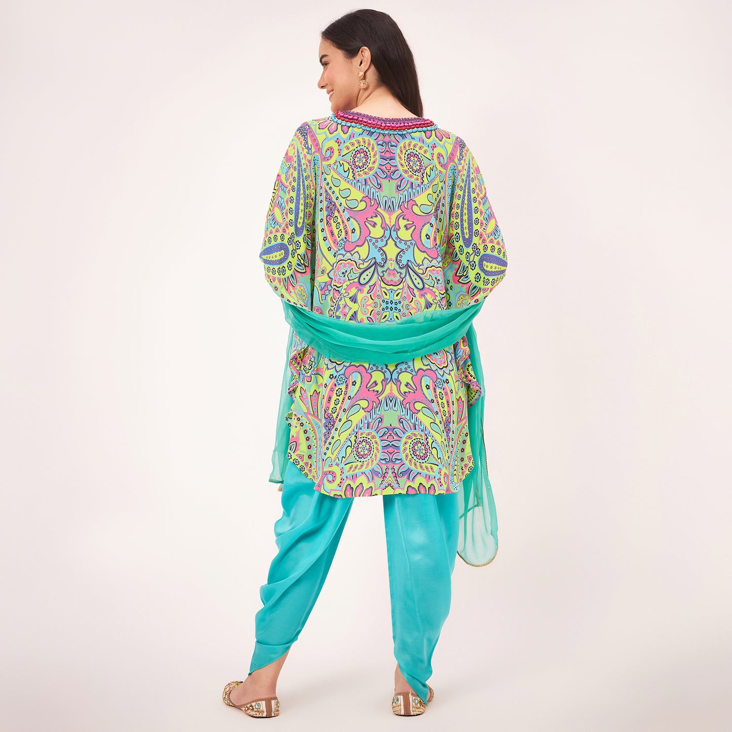Lime Green and Pink Paisley Tunic with Tulip Pants and Dupatta Set