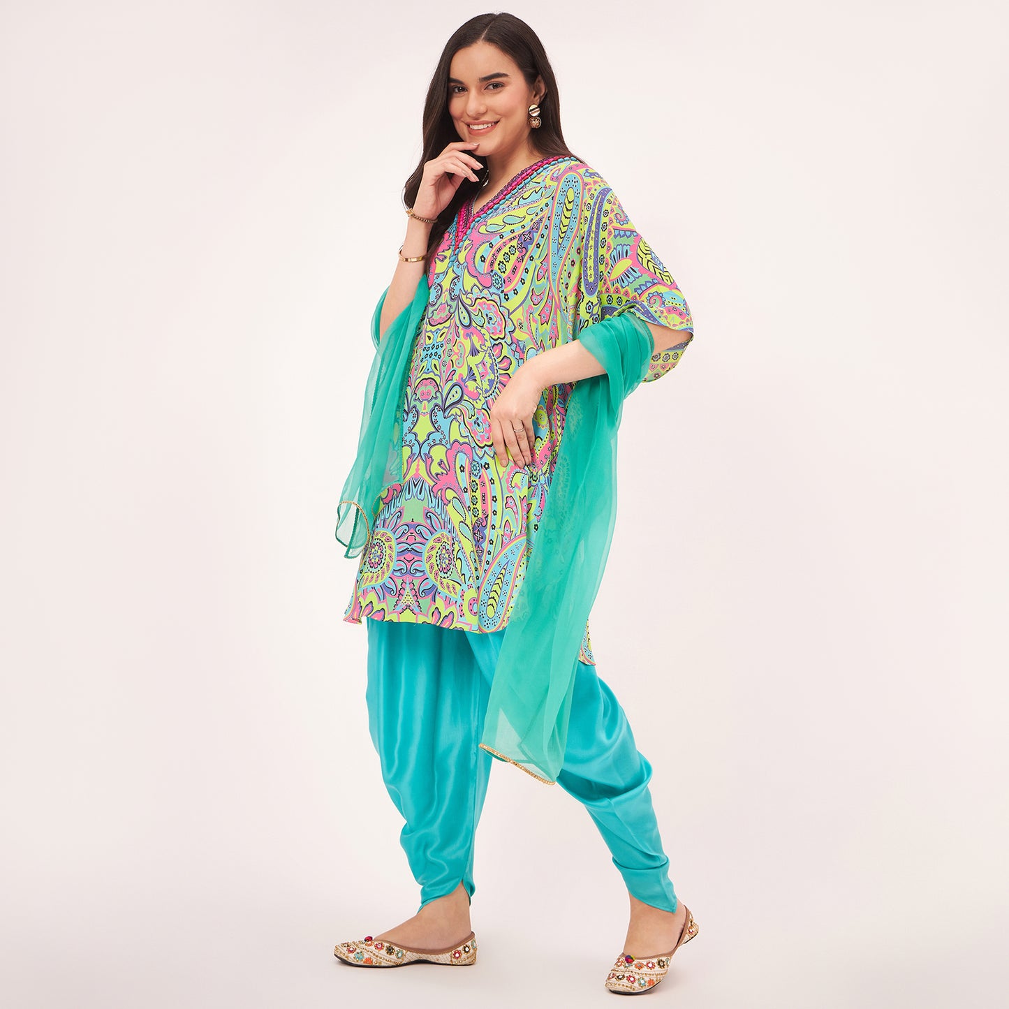 Lime Green and Pink Paisley Tunic with Tulip Pants and Dupatta Set