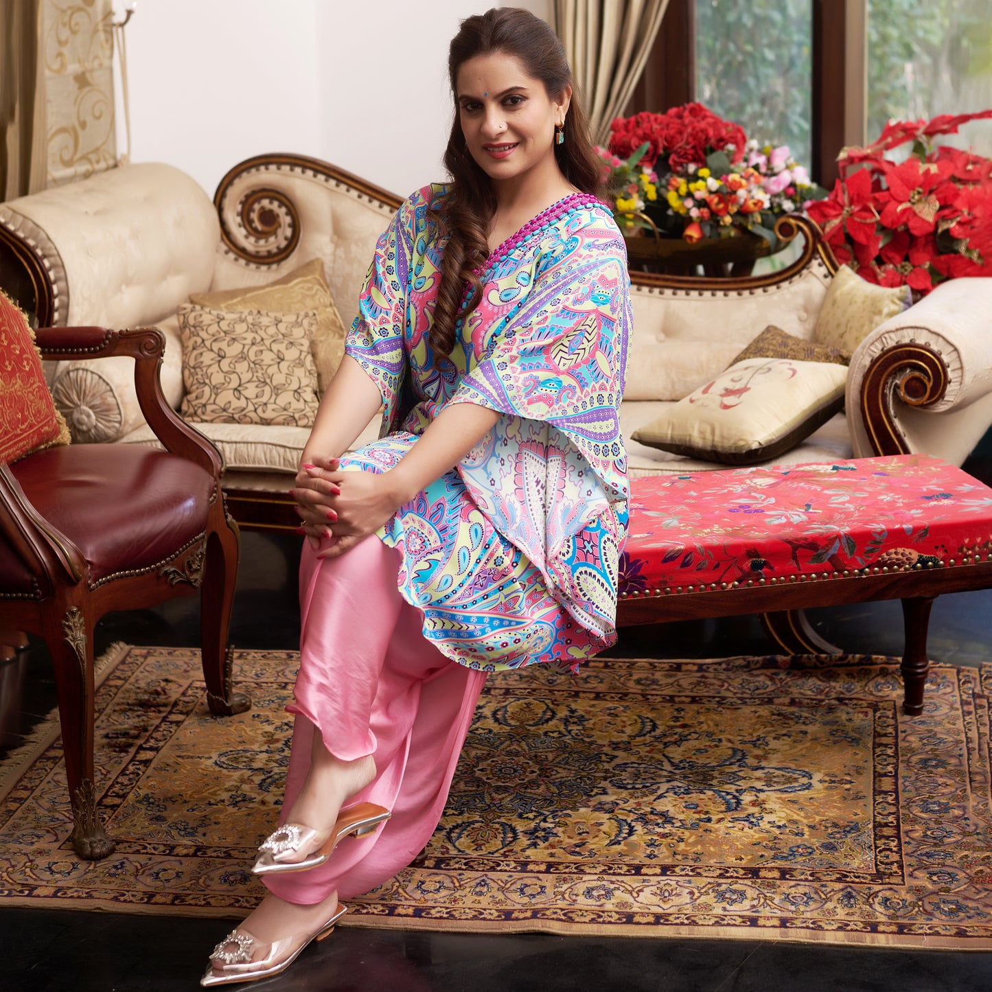 Mauve and Blue Paisley Tunic with Tulip Pants and Dupatta Set