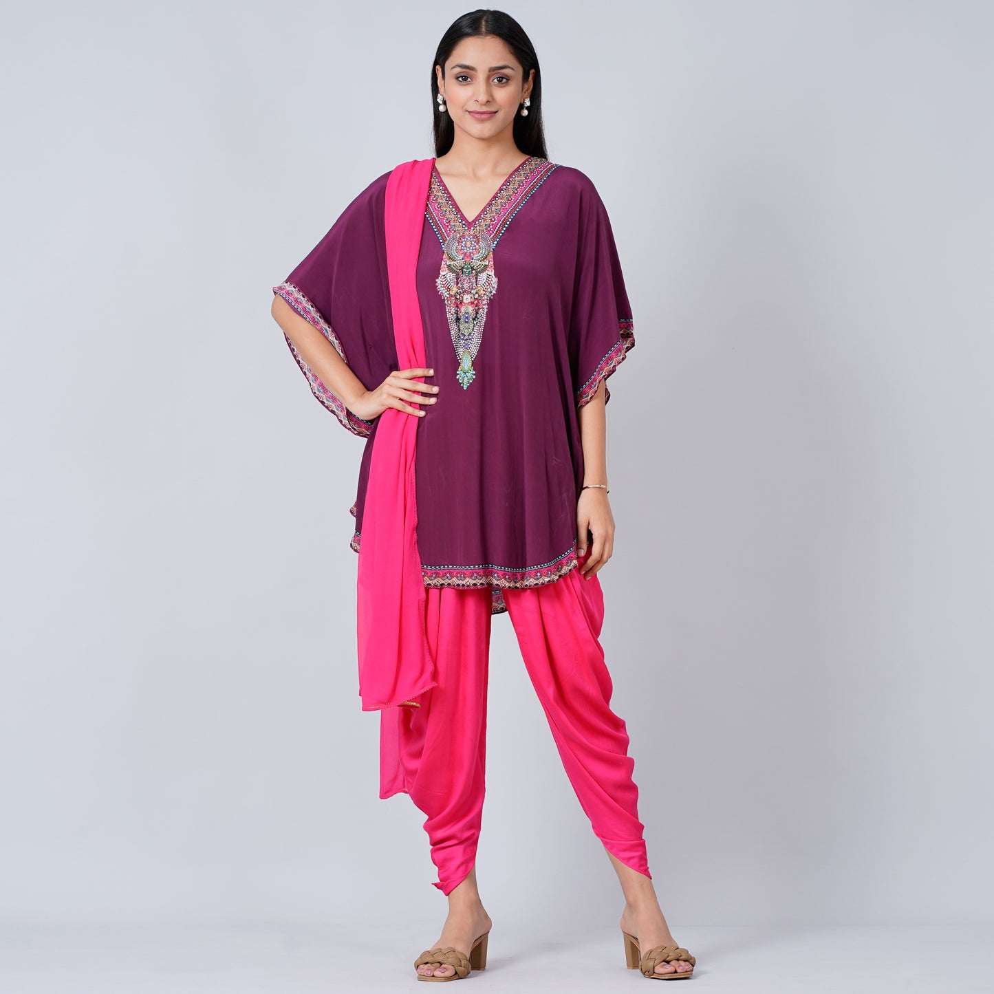 Wine Silk Embellished Tunic with Dhoti Pants and Dupatta Set
