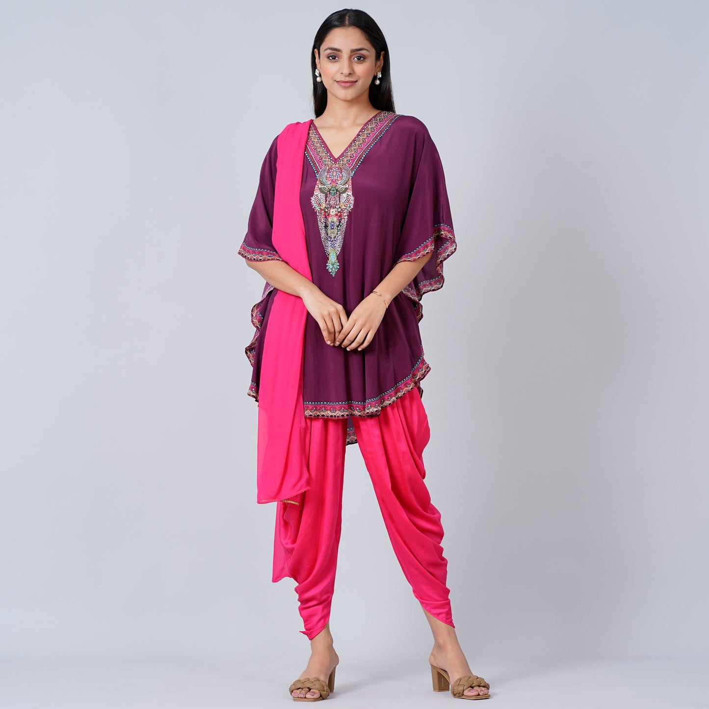 Wine Silk Embellished Tunic with Dhoti Pants and Dupatta Set