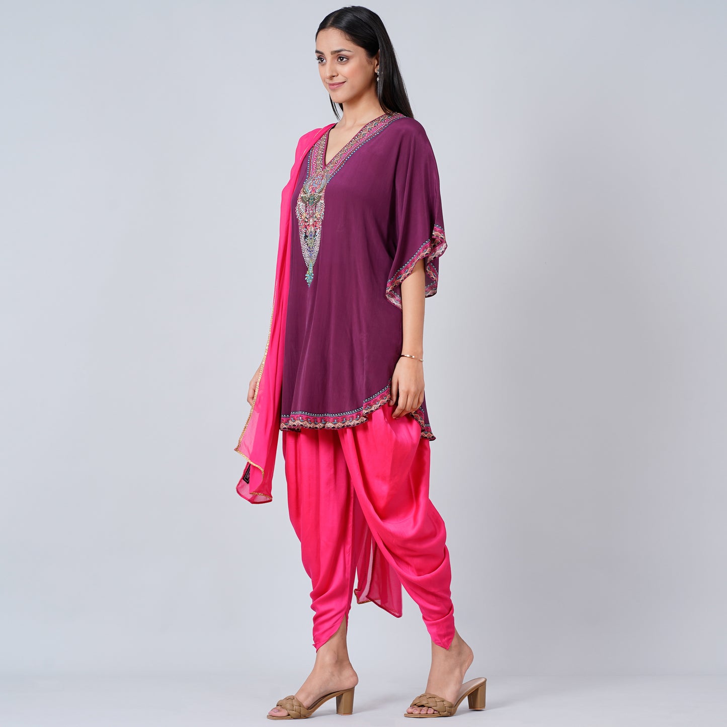 Wine Silk Embellished Tunic with Dhoti Pants and Dupatta Set