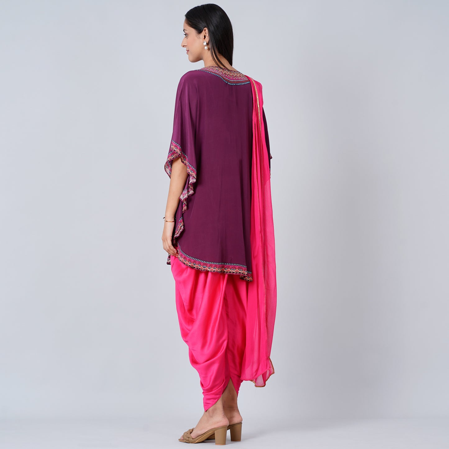 Wine Silk Embellished Tunic with Dhoti Pants and Dupatta Set