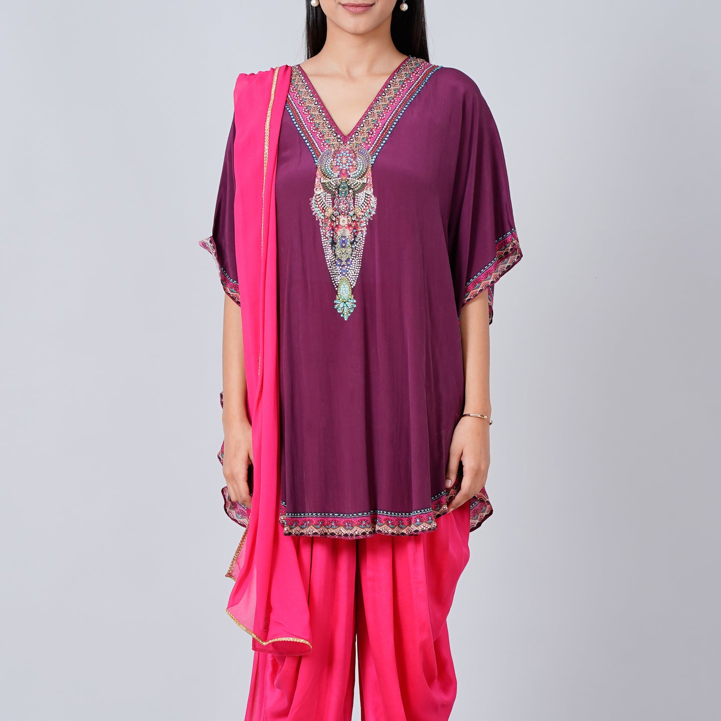 Wine Silk Embellished Tunic with Dhoti Pants and Dupatta Set