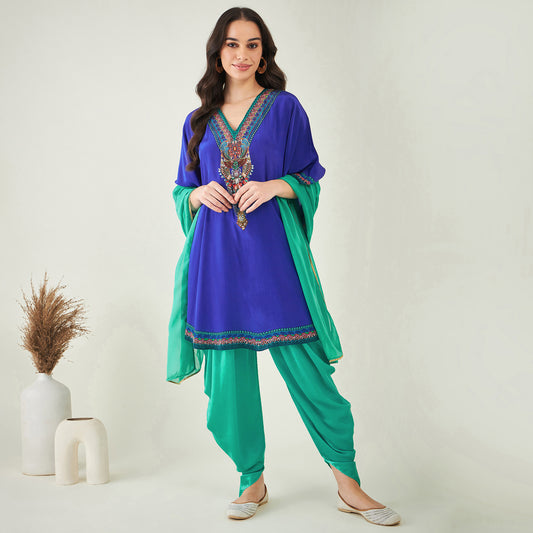 Blue Embellished Tunic with Dhoti Pants and Dupatta Set