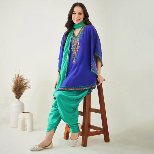 Blue Embellished Tunic with Dhoti Pants and Dupatta Set