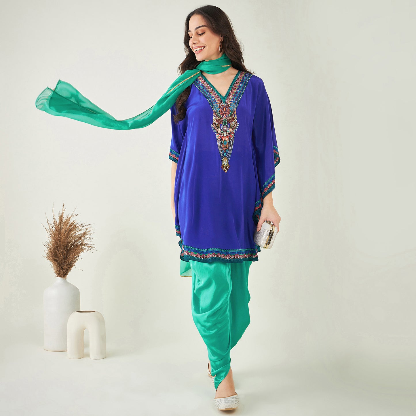 Blue Embellished Tunic with Dhoti Pants and Dupatta Set