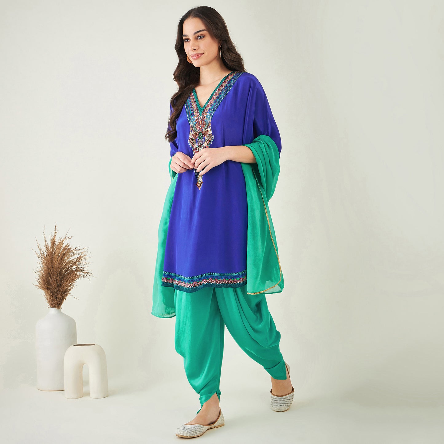 Blue Embellished Tunic with Dhoti Pants and Dupatta Set