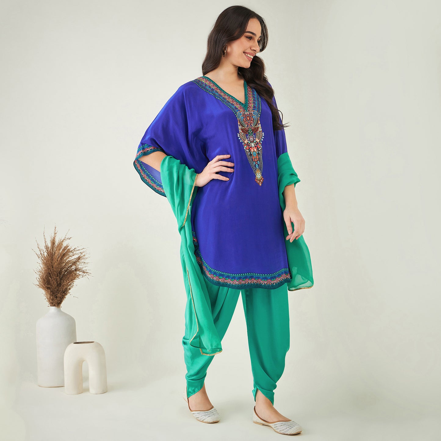 Blue Embellished Tunic with Dhoti Pants and Dupatta Set