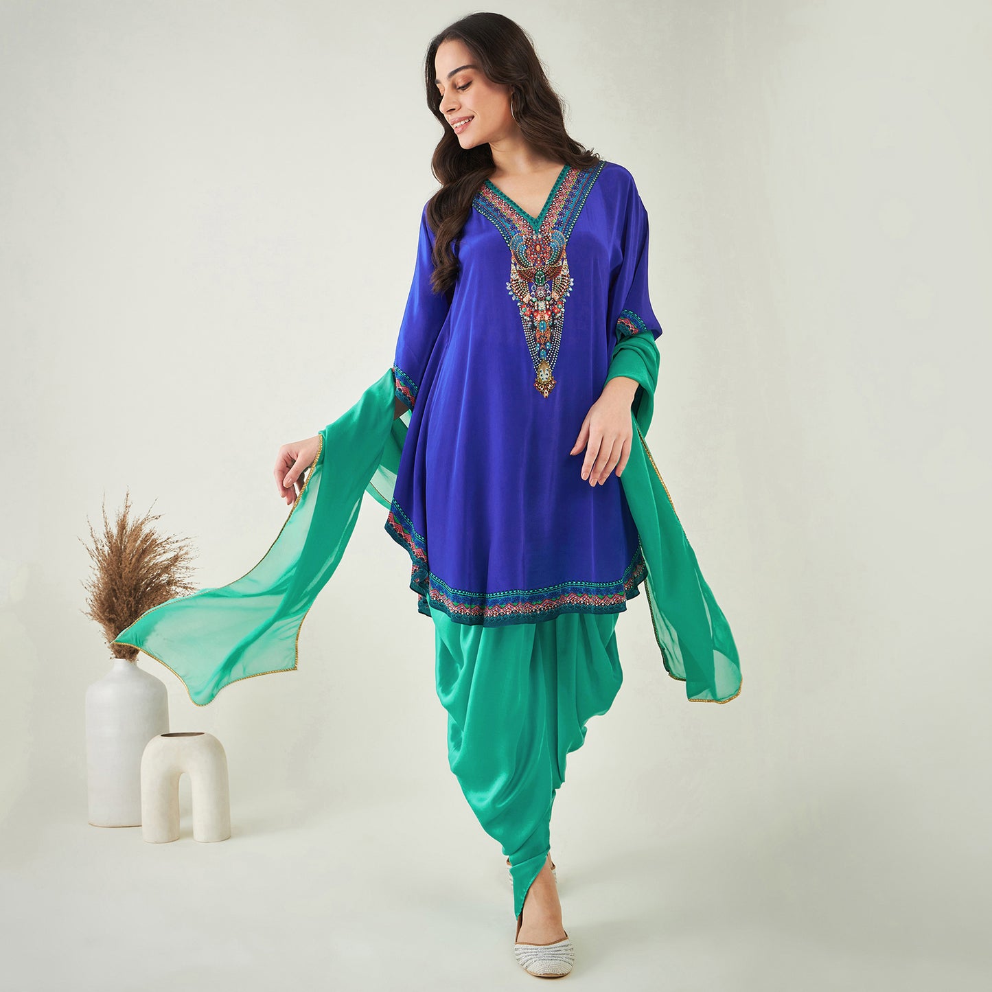 Blue Embellished Tunic with Dhoti Pants and Dupatta Set