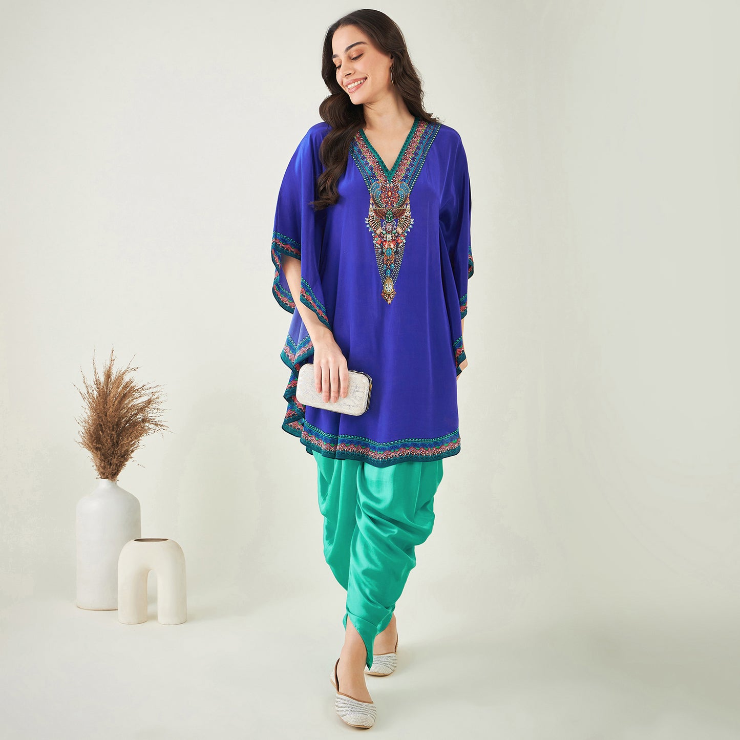 Blue Embellished Tunic with Dhoti Pants and Dupatta Set