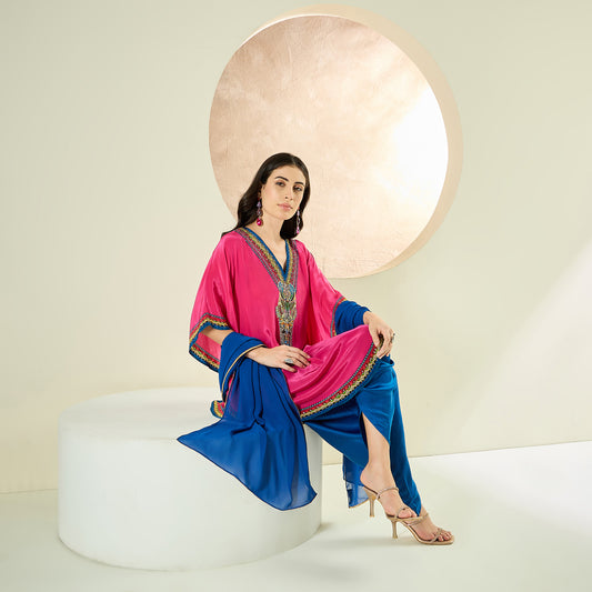 Raspberry Pink Embellished Tunic with Dhoti Pants and Dupatta Set