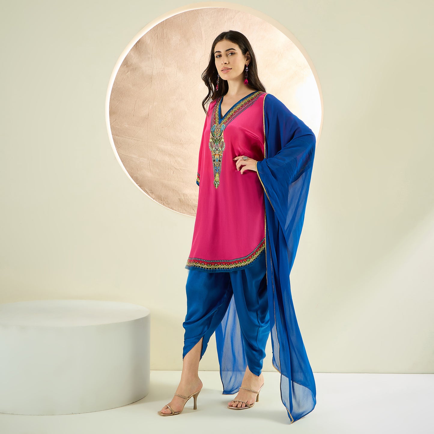 Raspberry Pink Embellished Tunic with Dhoti Pants and Dupatta Set