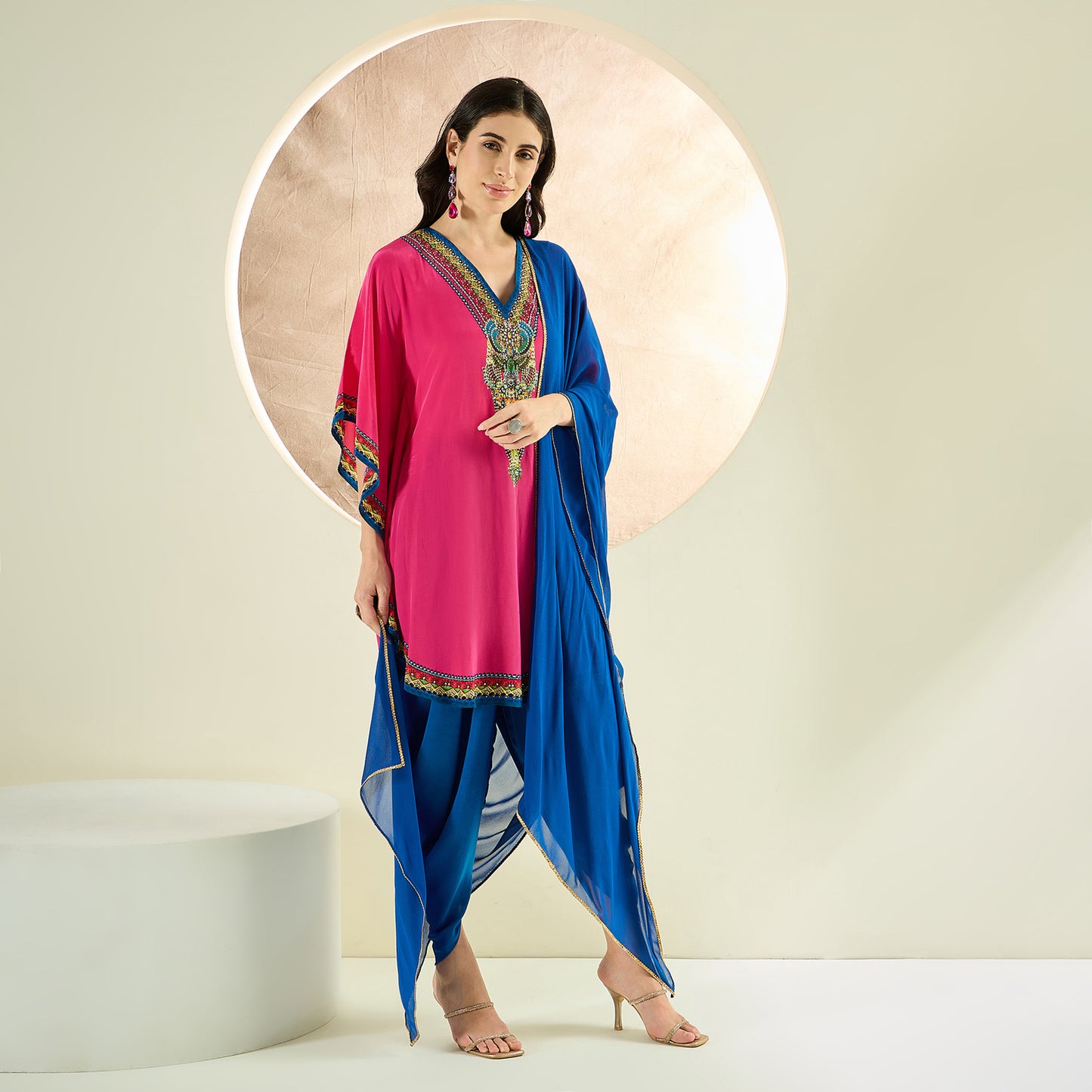 Raspberry Pink Embellished Tunic with Dhoti Pants and Dupatta Set