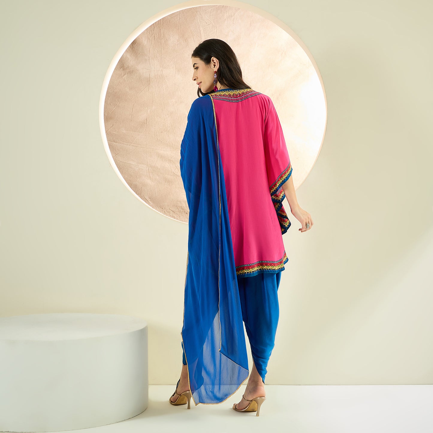 Raspberry Pink Embellished Tunic with Dhoti Pants and Dupatta Set