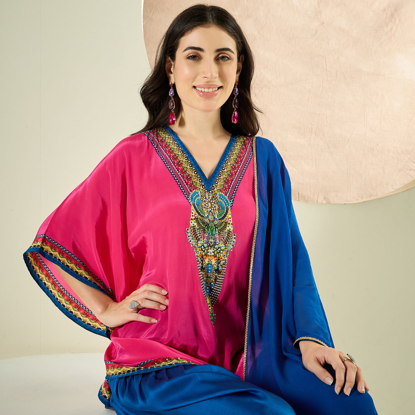 Raspberry Pink Embellished Tunic with Dhoti Pants and Dupatta Set