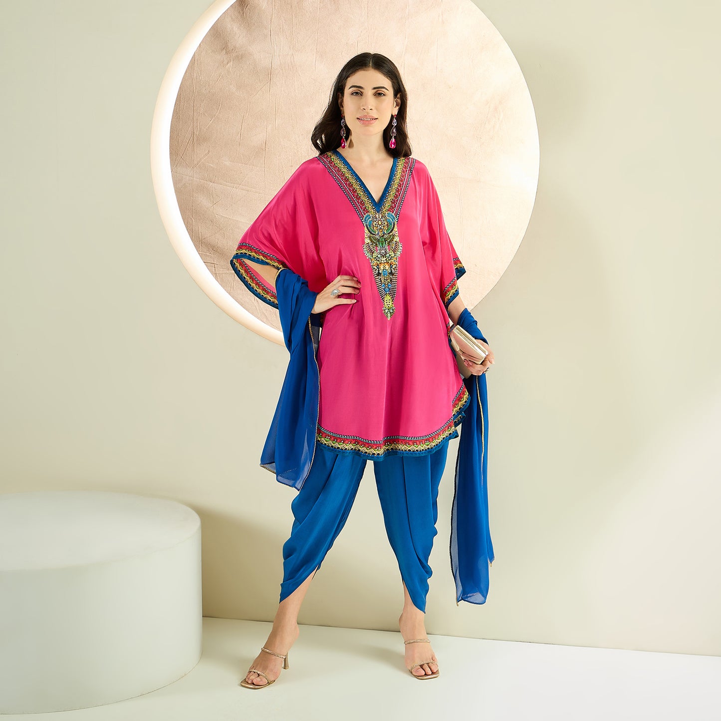 Raspberry Pink Embellished Tunic with Dhoti Pants and Dupatta Set