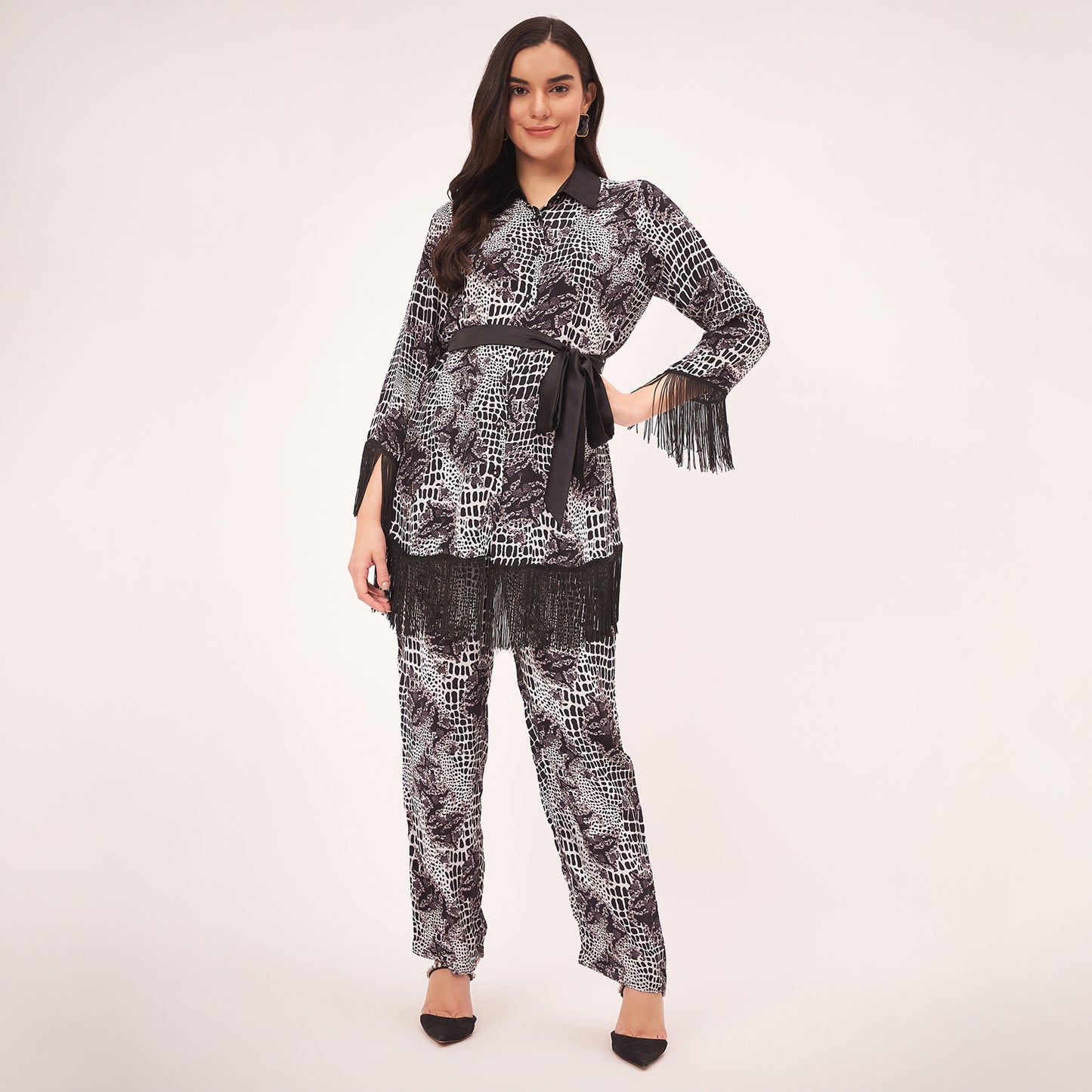 Black and White Baroque Animal Print Shirt and Palazzo Set