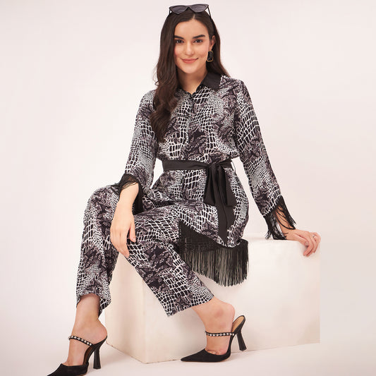 Black and White Baroque Animal Print Shirt and Palazzo Set