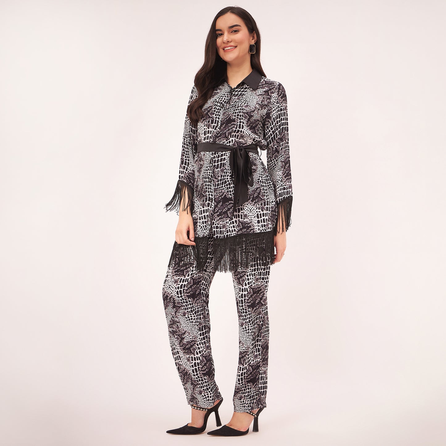 Black and White Baroque Animal Print Shirt and Palazzo Set
