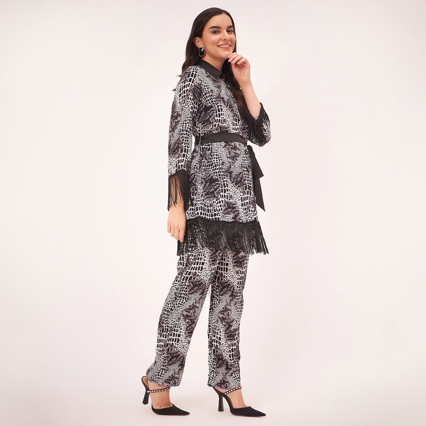 Black and White Baroque Animal Print Shirt and Palazzo Set