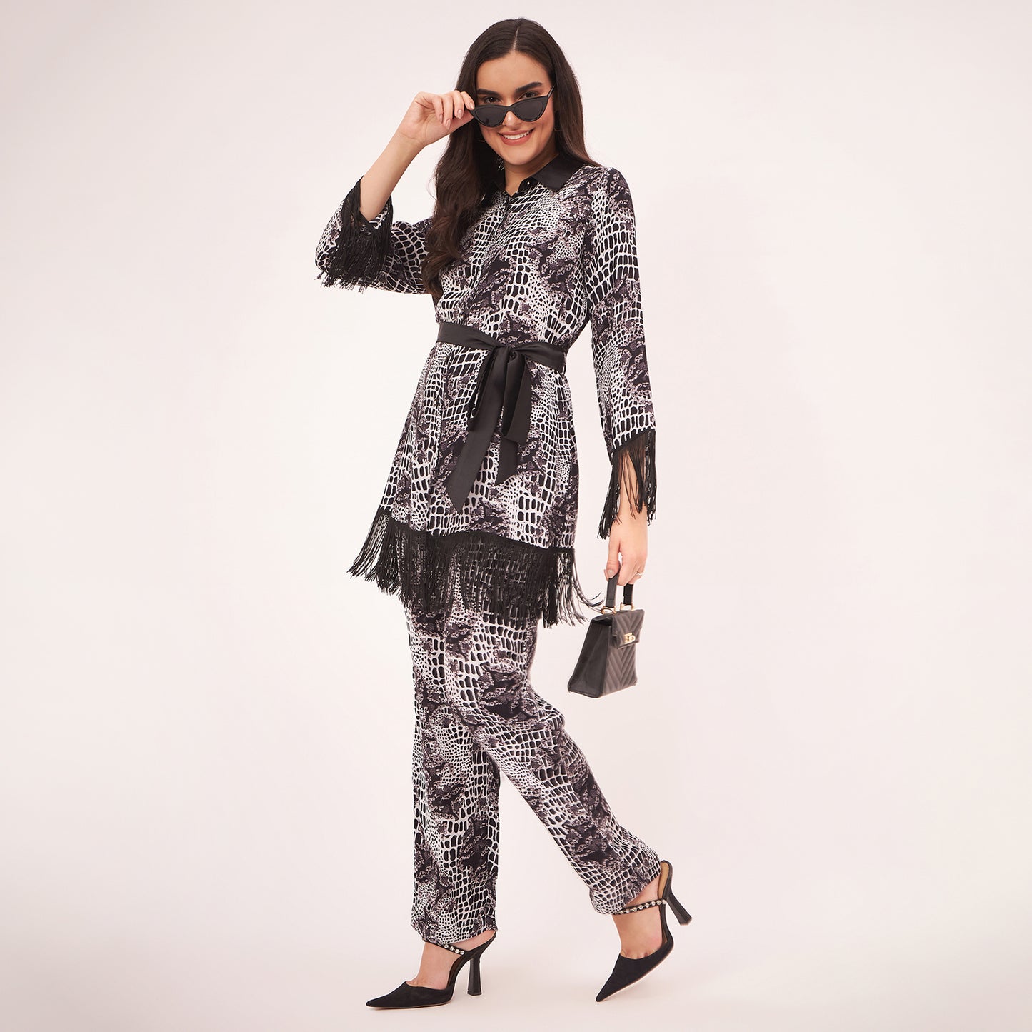 Black and White Baroque Animal Print Shirt and Palazzo Set