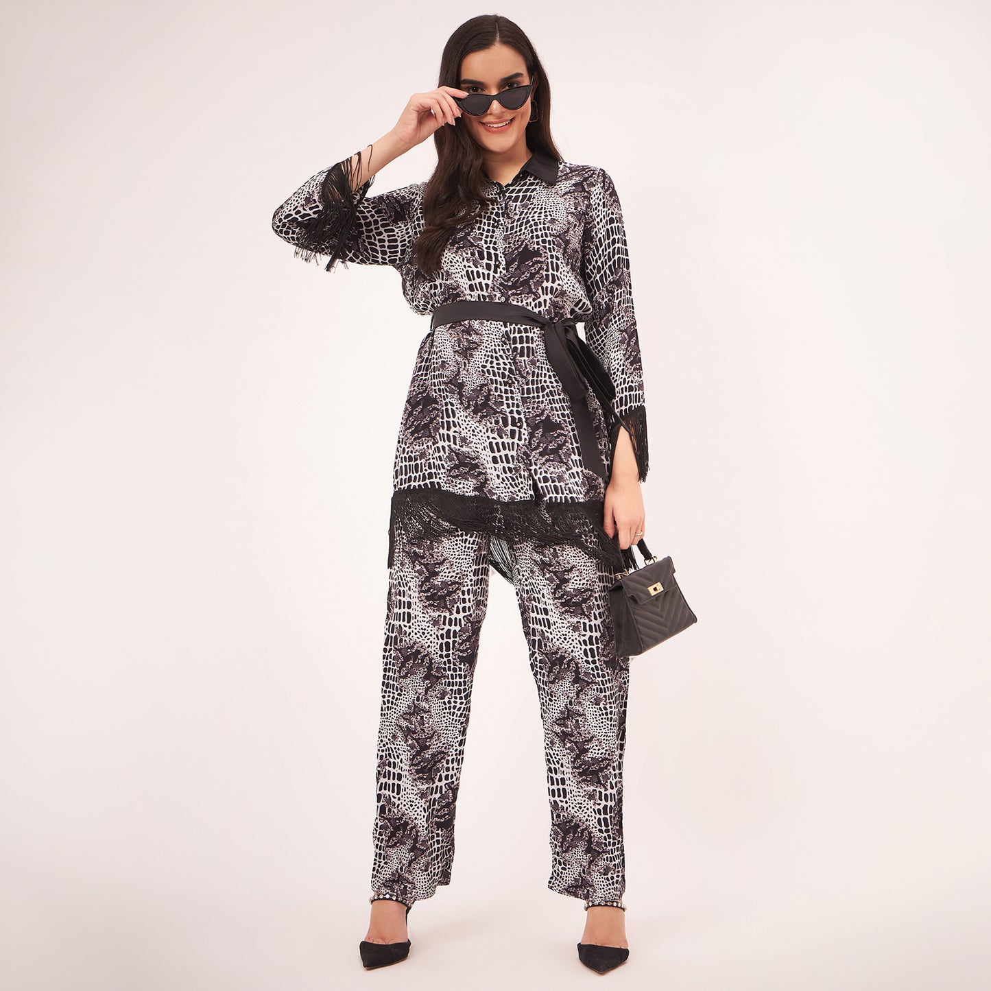 Black and White Baroque Animal Print Shirt and Palazzo Set