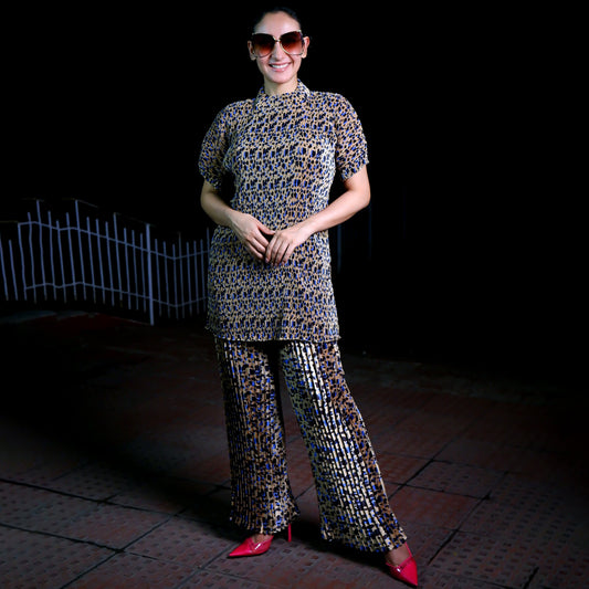 Beige Animal Print Top and Knife Pleated Palazzo Set