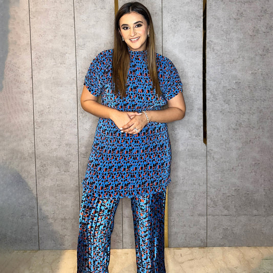 Blue Animal Print Top and Knife Pleated Palazzo Set