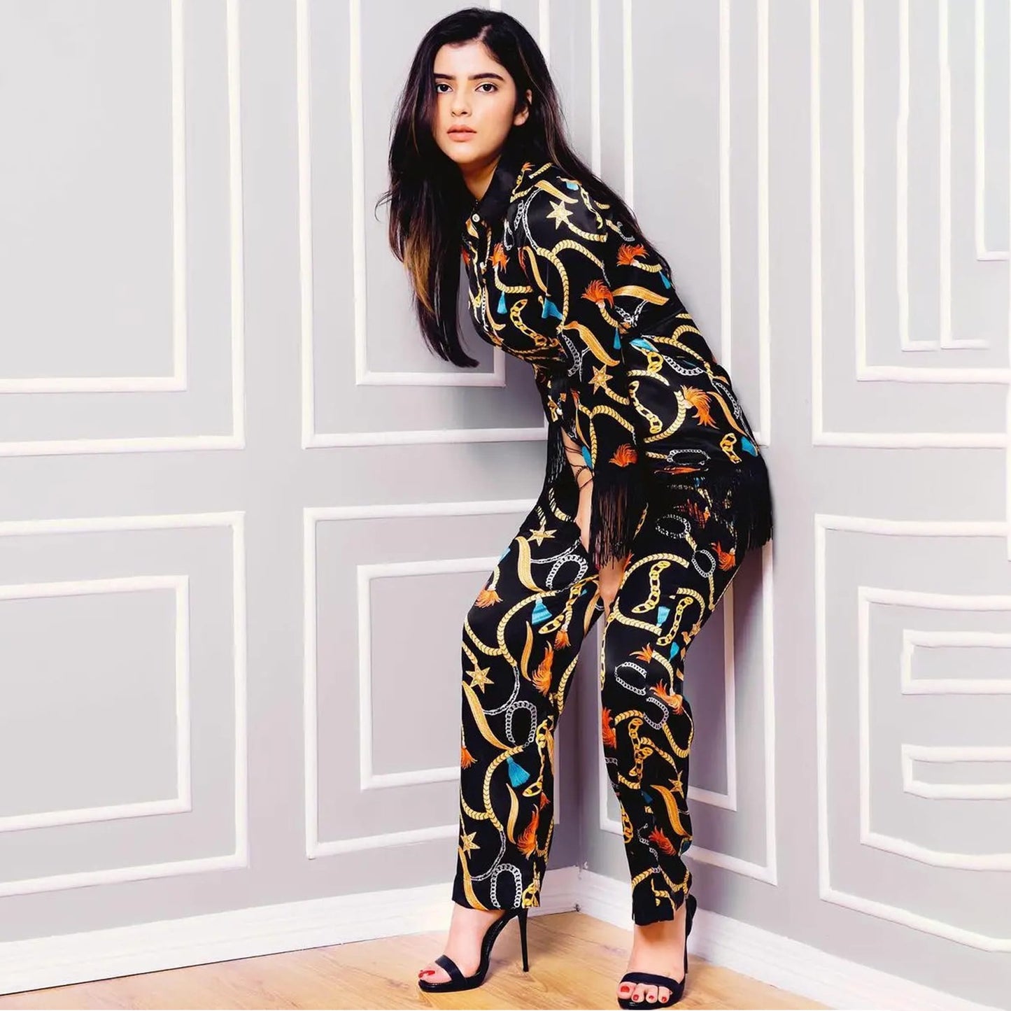 Black Chain Print Shirt and Palazzo Pants Set