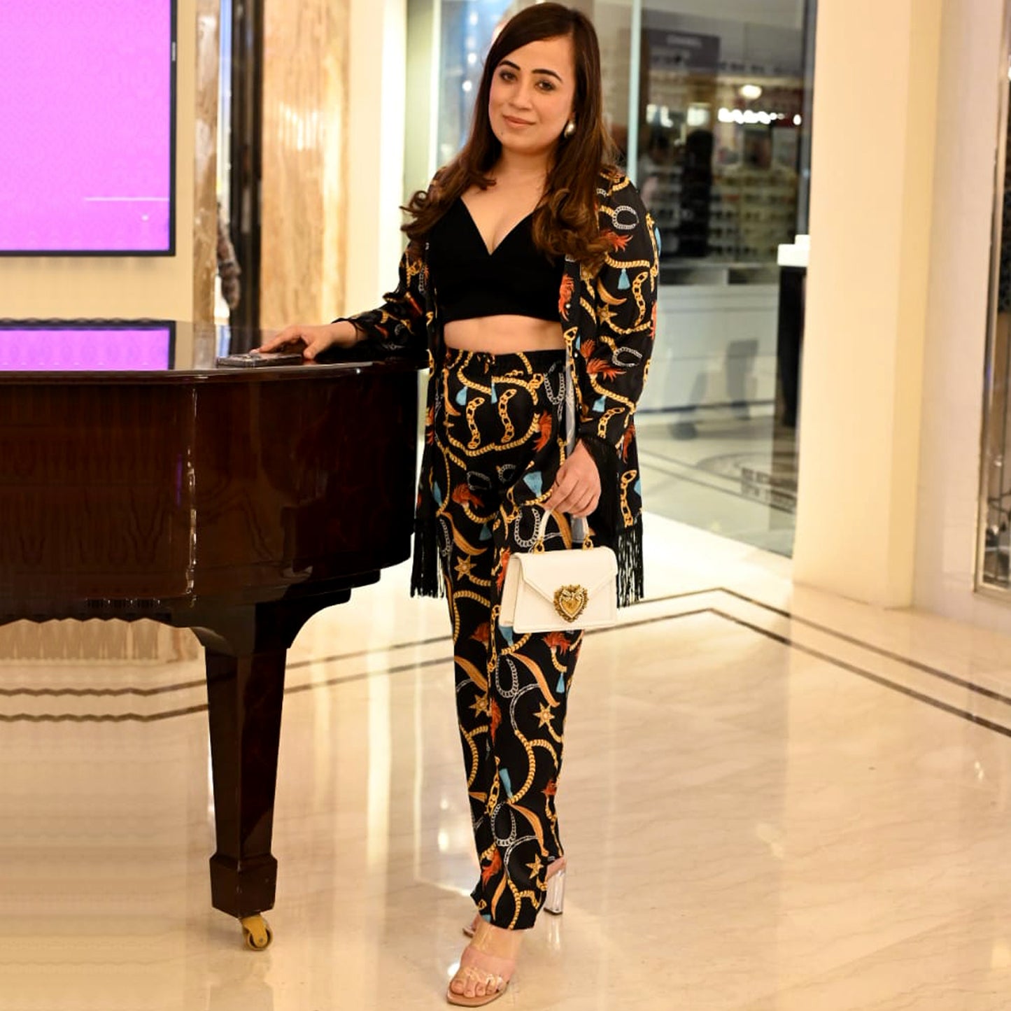 Black Chain Print Shirt and Palazzo Pants Set