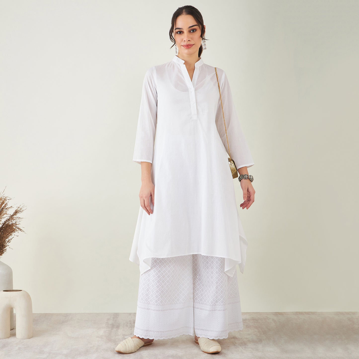 White Cotton Shirt Dress with Embroidered Pants Set