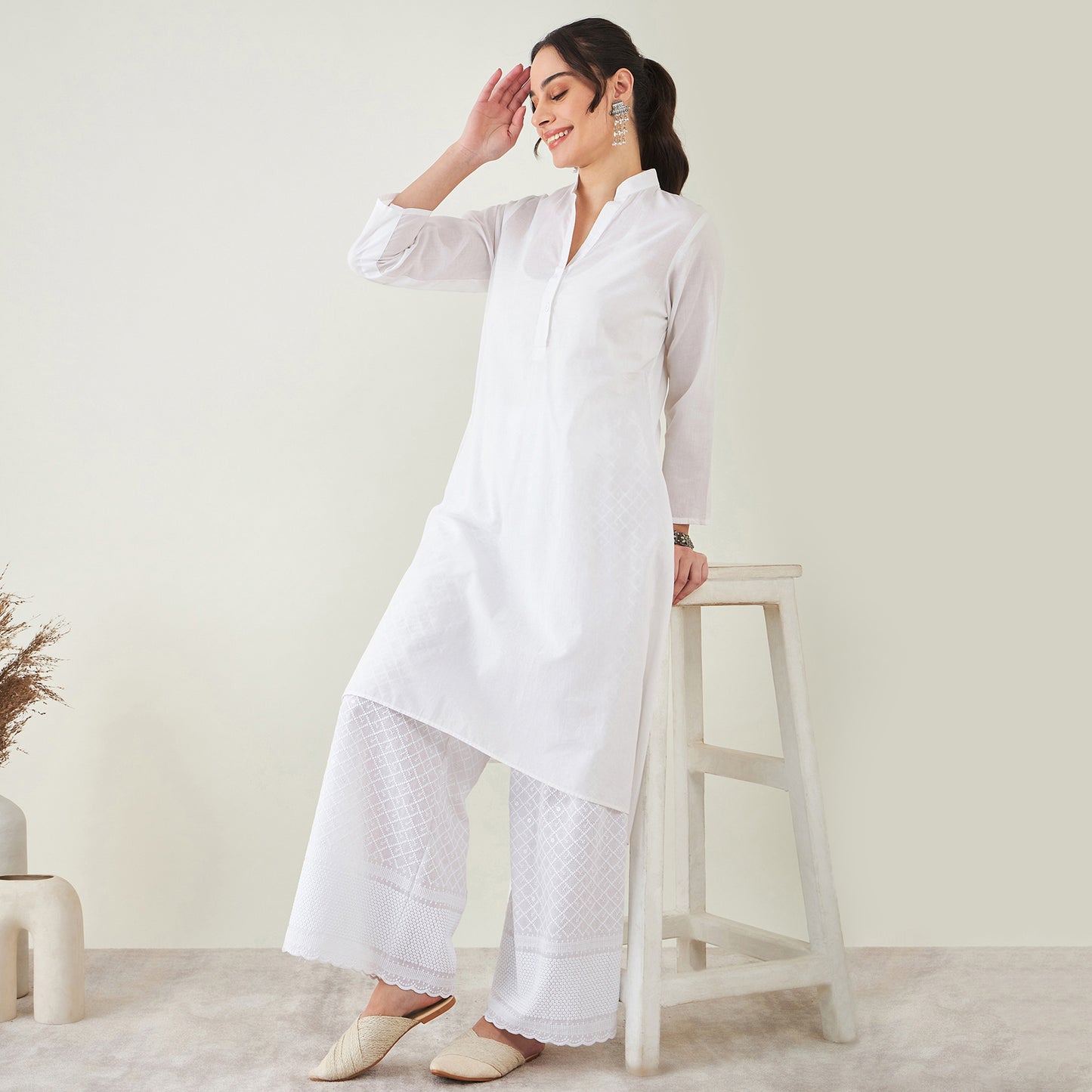 White Cotton Shirt Dress with Embroidered Pants Set