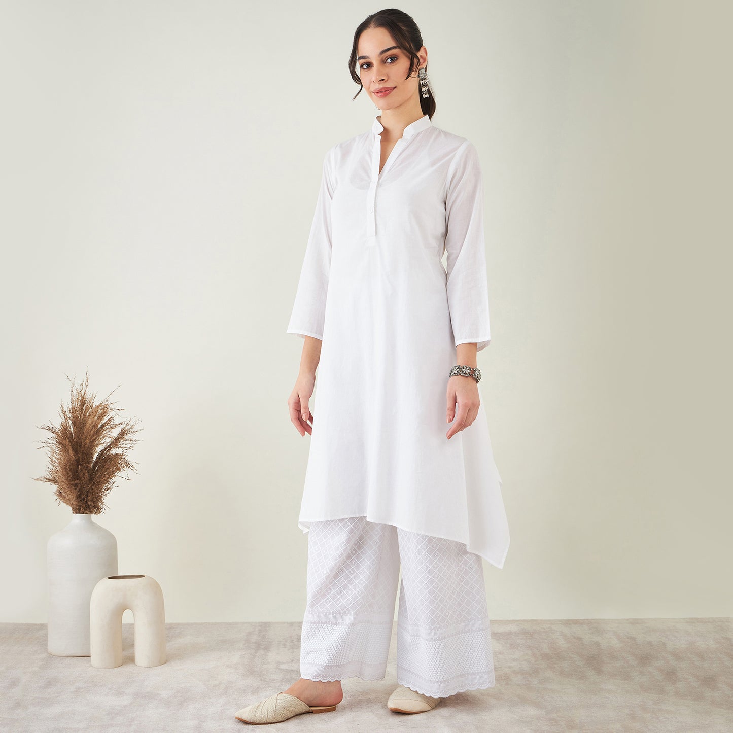 White Cotton Shirt Dress with Embroidered Pants Set