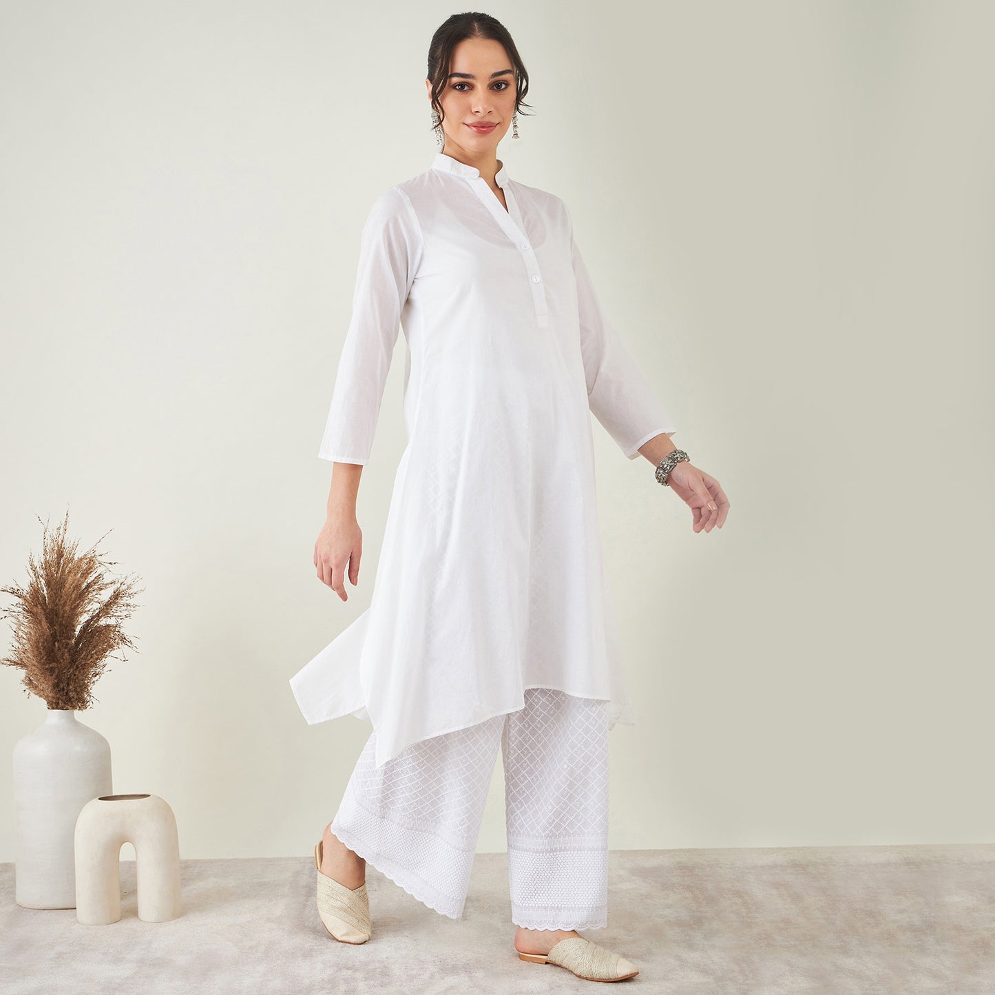 White Cotton Shirt Dress with Embroidered Pants Set