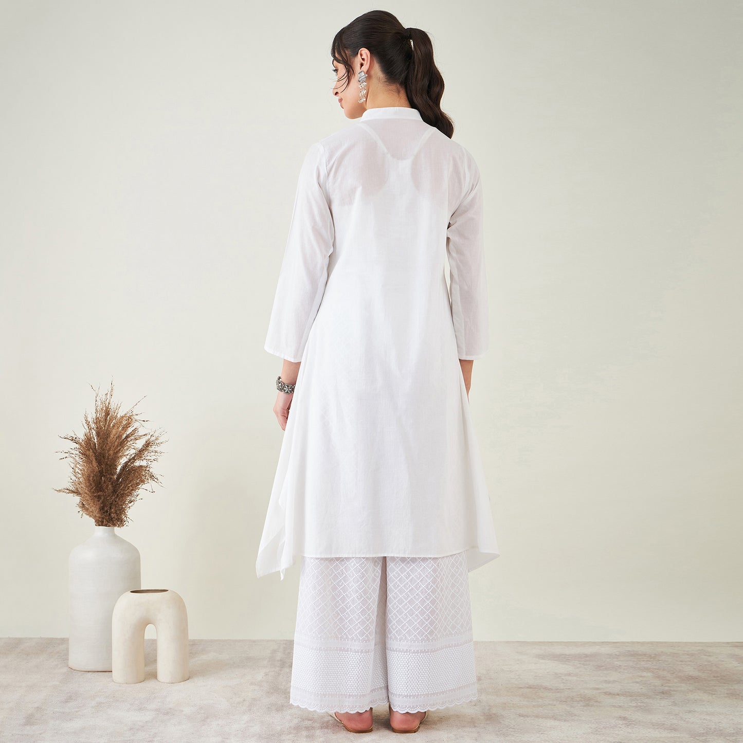 White Cotton Shirt Dress with Embroidered Pants Set