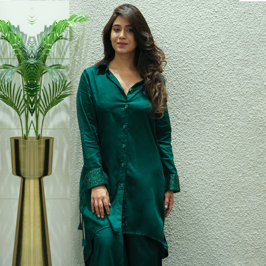 Bottle Green Sequinned Shirt Dress and Wide Leg Pants