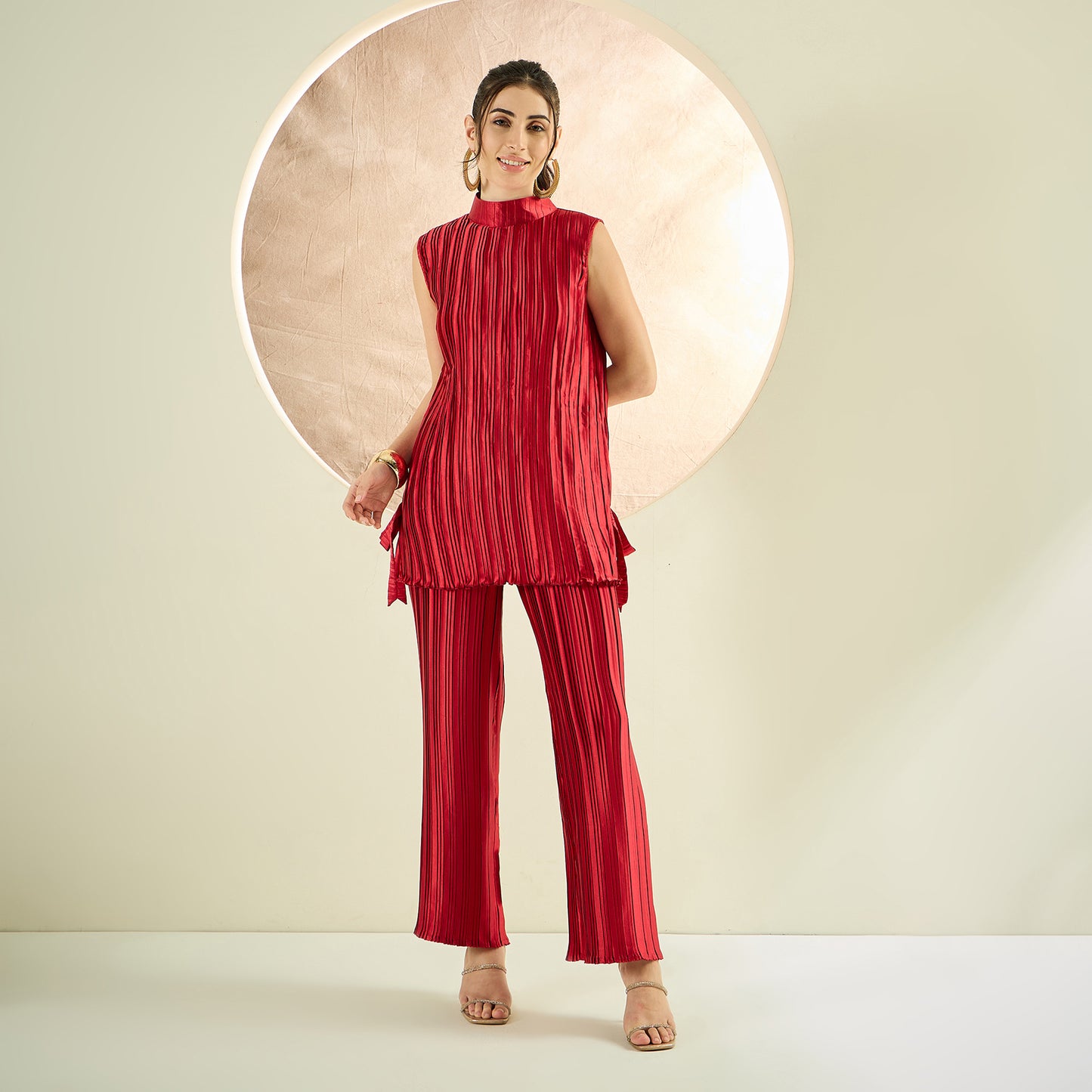 Venetian Red Sleeveless Turtle Neck Box Pleated Top and Box Pleated Palazzo Set