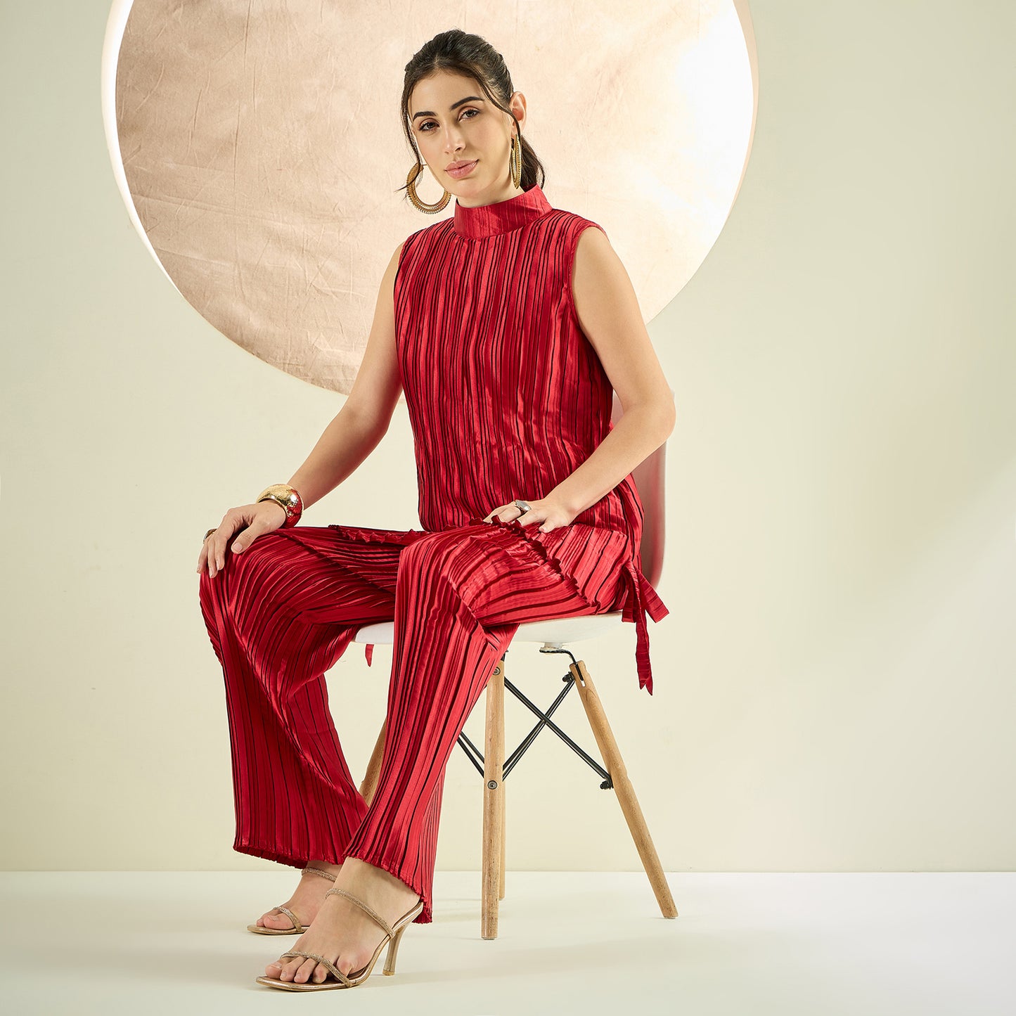 Venetian Red Sleeveless Turtle Neck Box Pleated Top and Box Pleated Palazzo Set