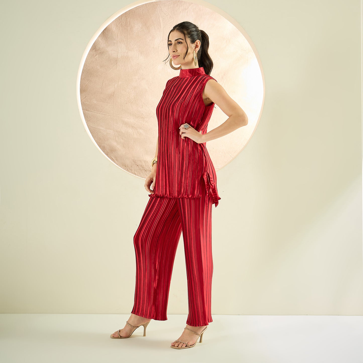 Venetian Red Sleeveless Turtle Neck Box Pleated Top and Box Pleated Palazzo Set