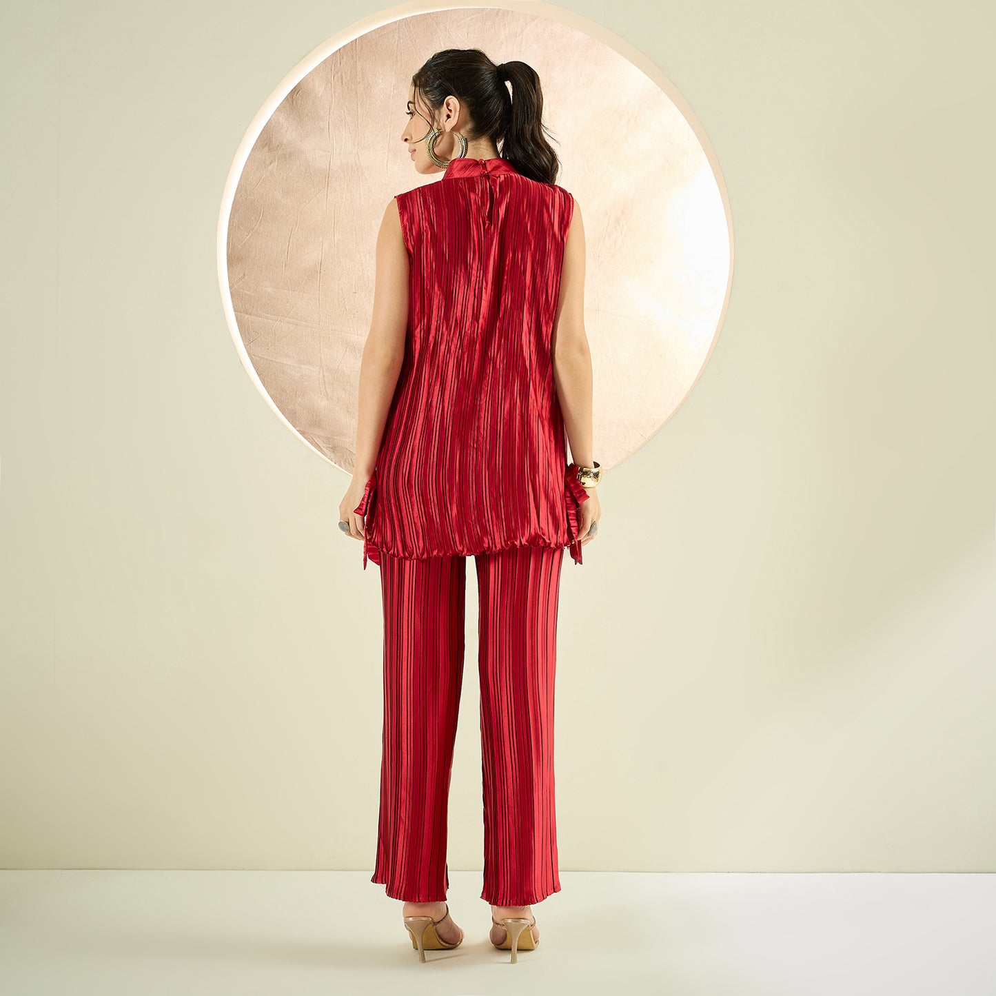 Venetian Red Sleeveless Turtle Neck Box Pleated Top and Box Pleated Palazzo Set