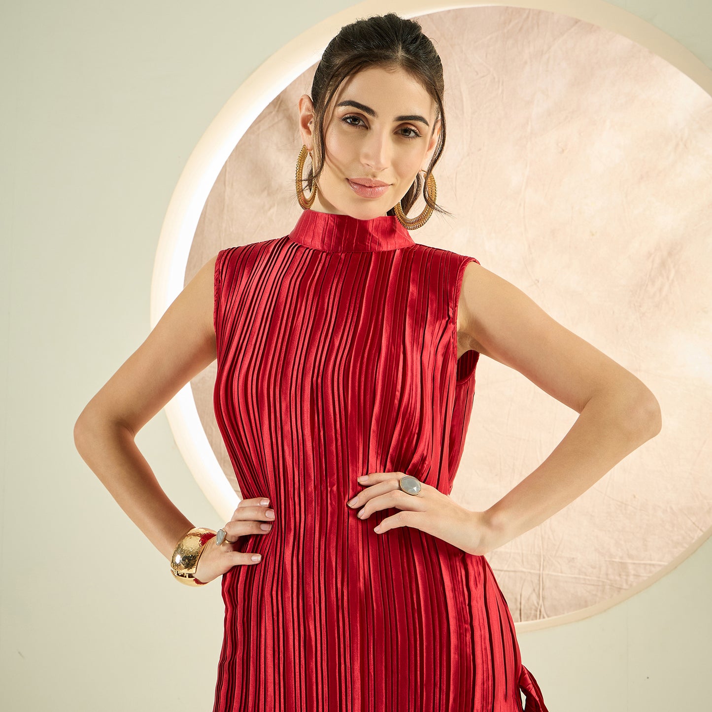 Venetian Red Sleeveless Turtle Neck Box Pleated Top and Box Pleated Palazzo Set