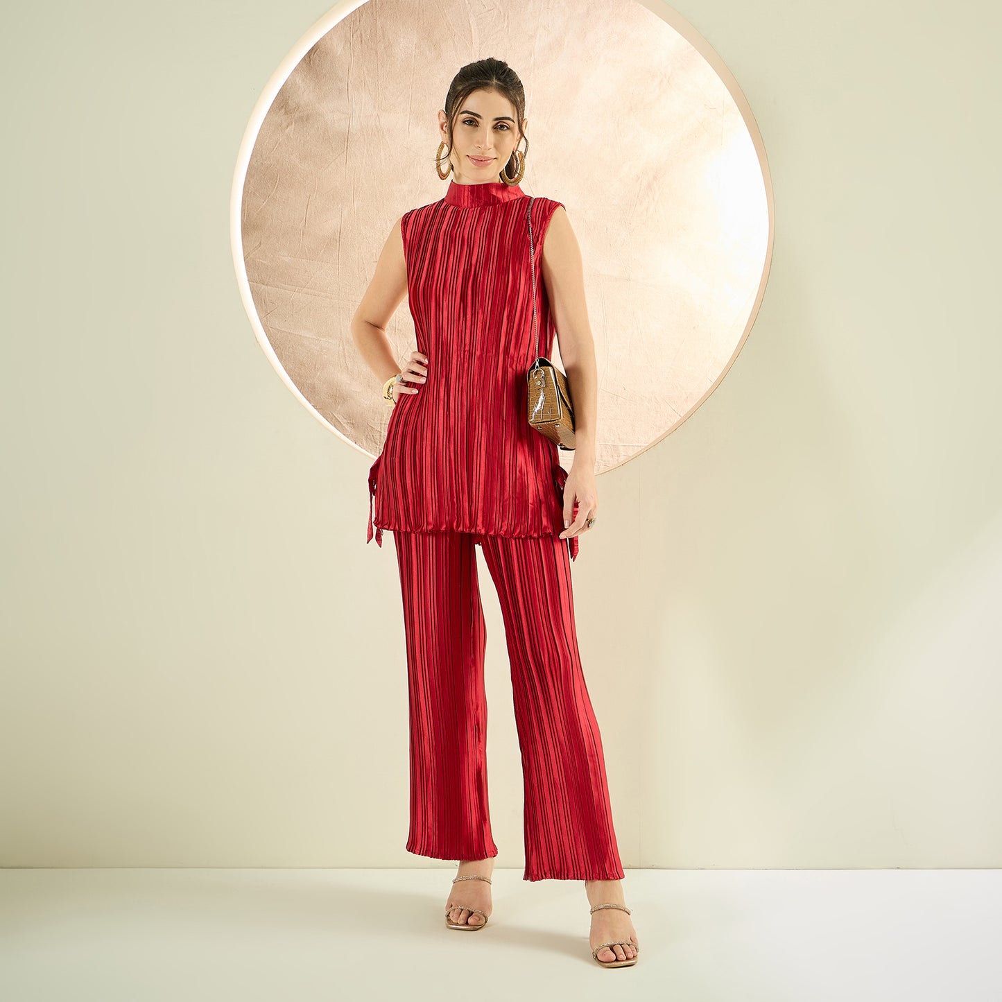 Venetian Red Sleeveless Turtle Neck Box Pleated Top and Box Pleated Palazzo Set