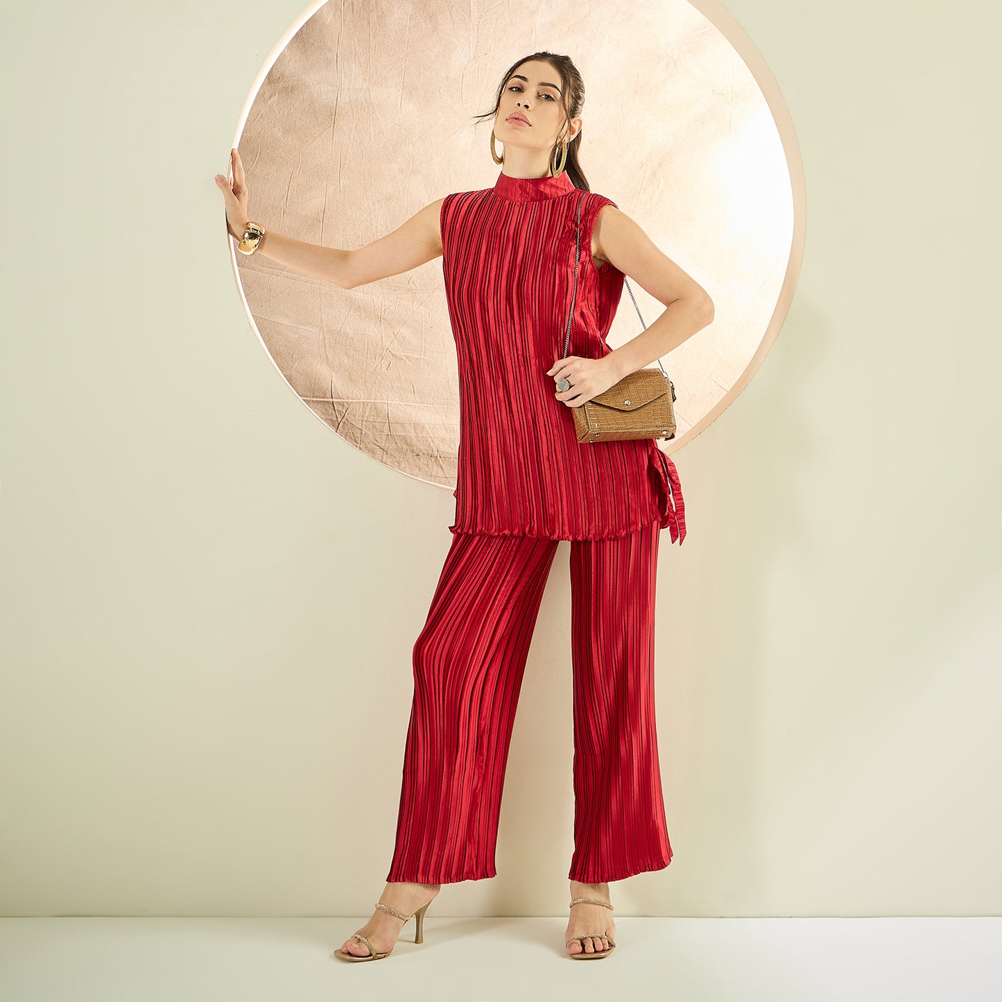 Venetian Red Sleeveless Turtle Neck Box Pleated Top and Box Pleated Palazzo Set