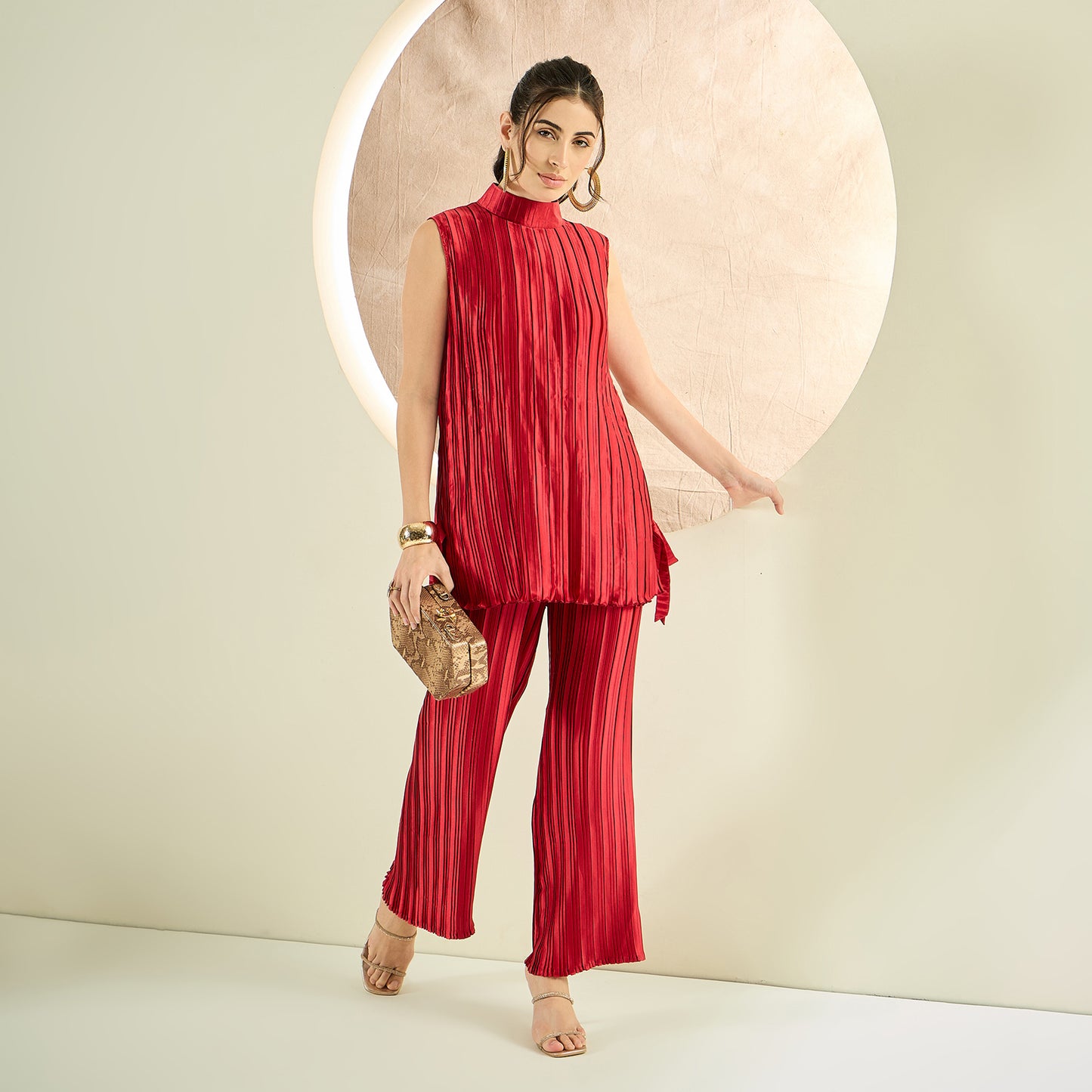 Venetian Red Sleeveless Turtle Neck Box Pleated Top and Box Pleated Palazzo Set