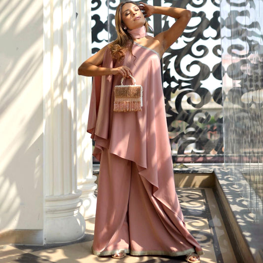 Powder Pink One-Shoulder Asymmetric Tunic and Wide Leg Pants