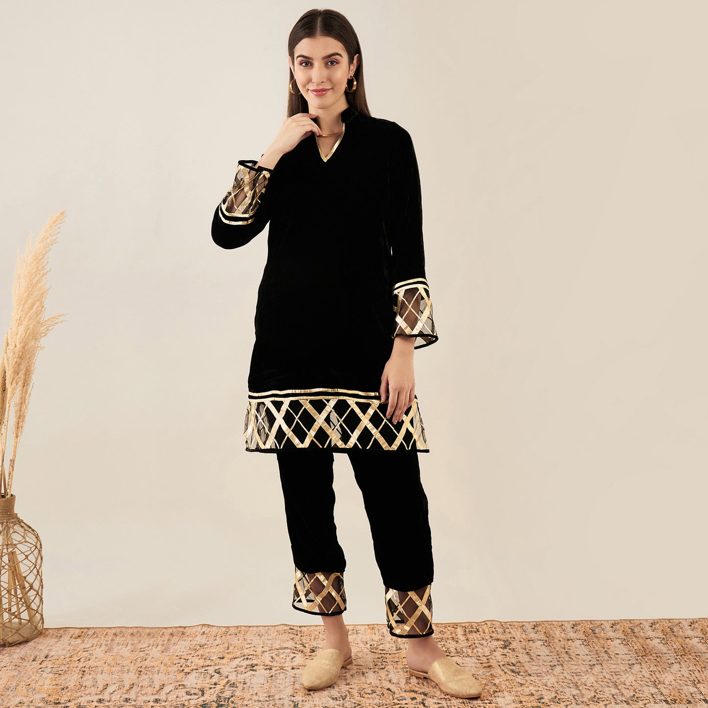 Black Silk Velvet Kurta and Straight Pants with Gota Lace Detail Set