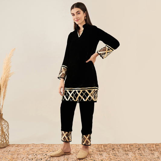 Black Silk Velvet Kurta and Straight Pants with Gota Lace Detail Set
